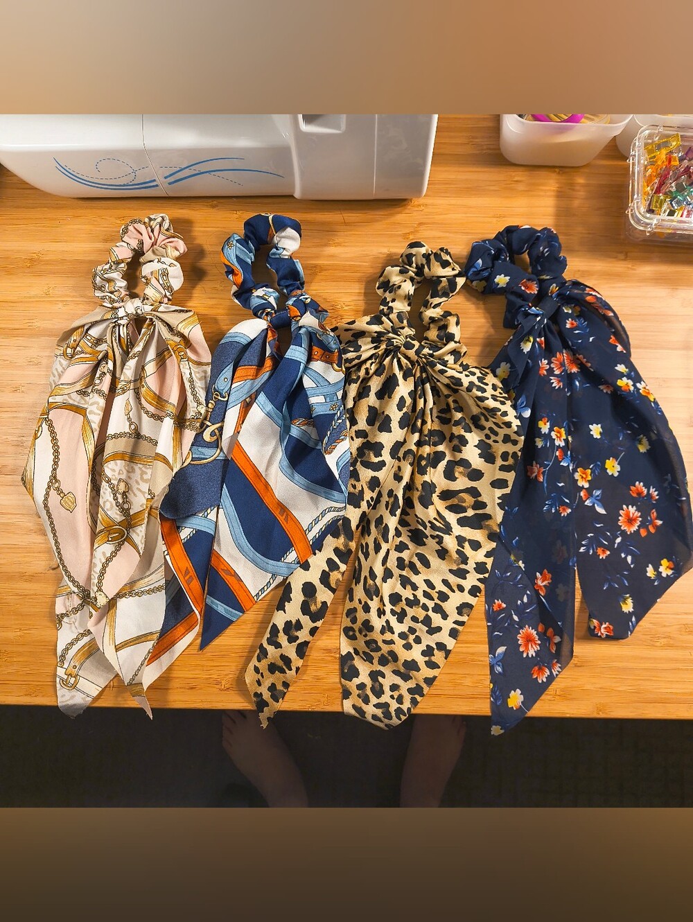 4-Piece Scarf Bow Scrunchie Hair Tie Bundle Leopard Floral Chain